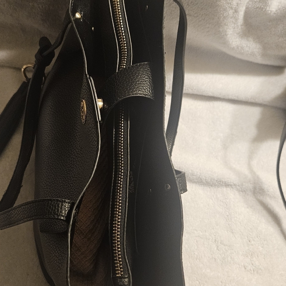 Anne Kleine Set Of Two Tote And Crossbody Bag Black Pebbled Leather Gold Accents - Picture 6 of 12